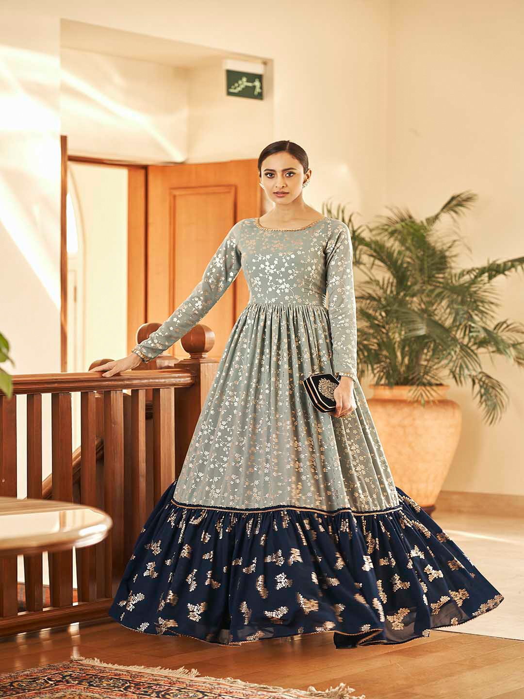 

Mitera Grey & Black Silk Crepe Semi-Stitched Dress Material