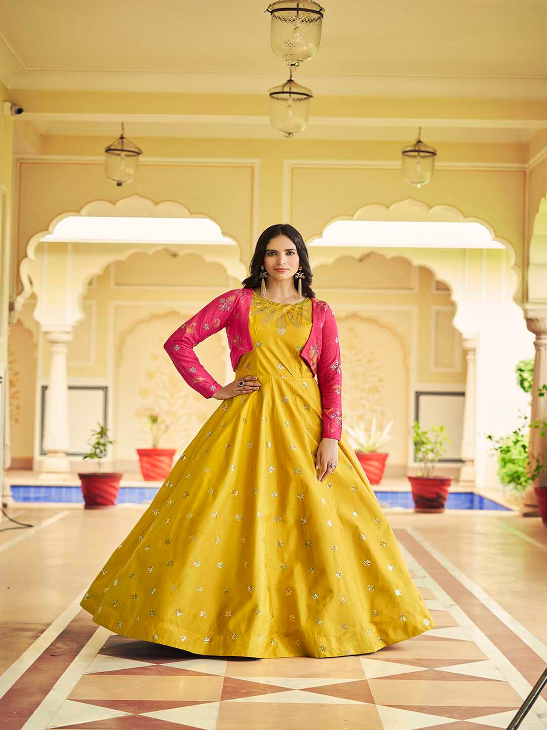 

Mitera Yellow & Red Semi-Stitched Dress Material