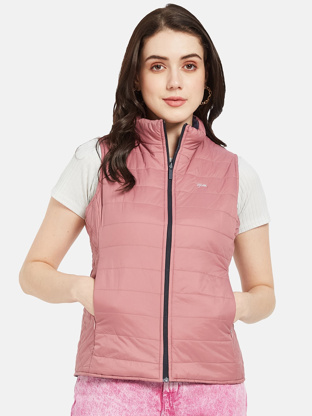 

METTLE Mock Collar Sleeveless Bomber Jacket, Pink