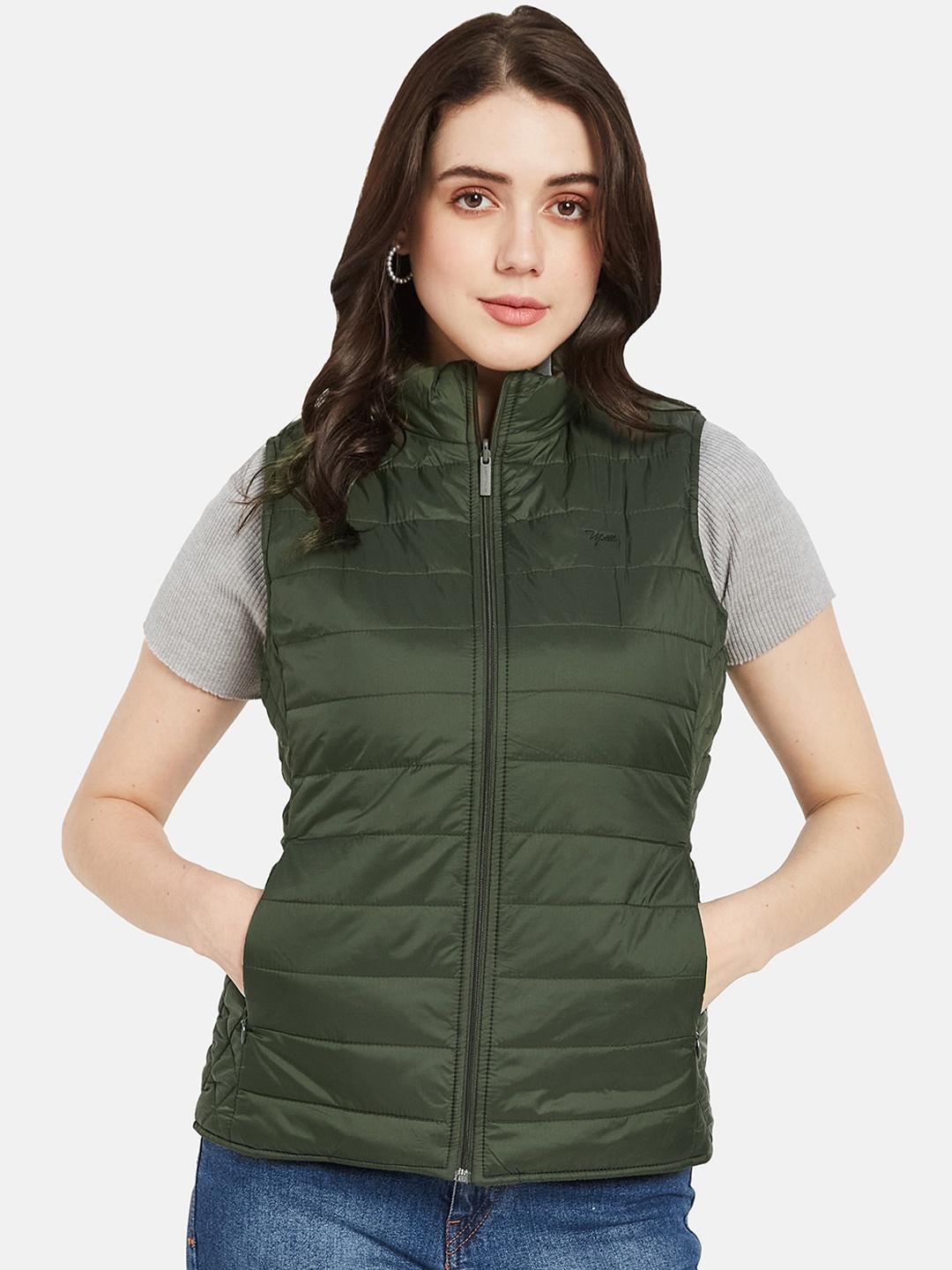 

METTLE Mock Collar Sleeveless Nylon Padded Jacket, Olive