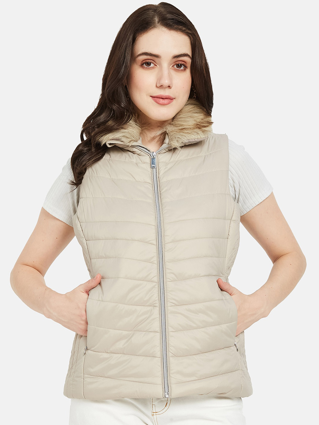 

METTLE Mock Collar Faux Fur Trim Padded Jacket, Beige