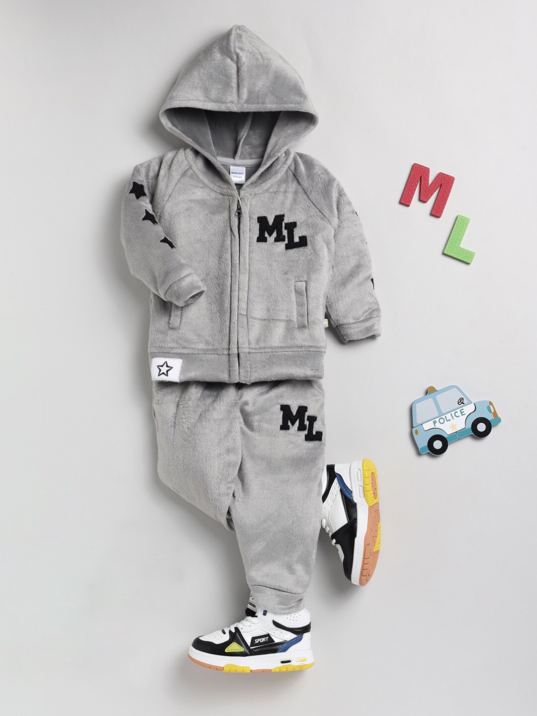 

Moms Love Boys Embroidered Hooded Sweatshirt with Trousers, Grey