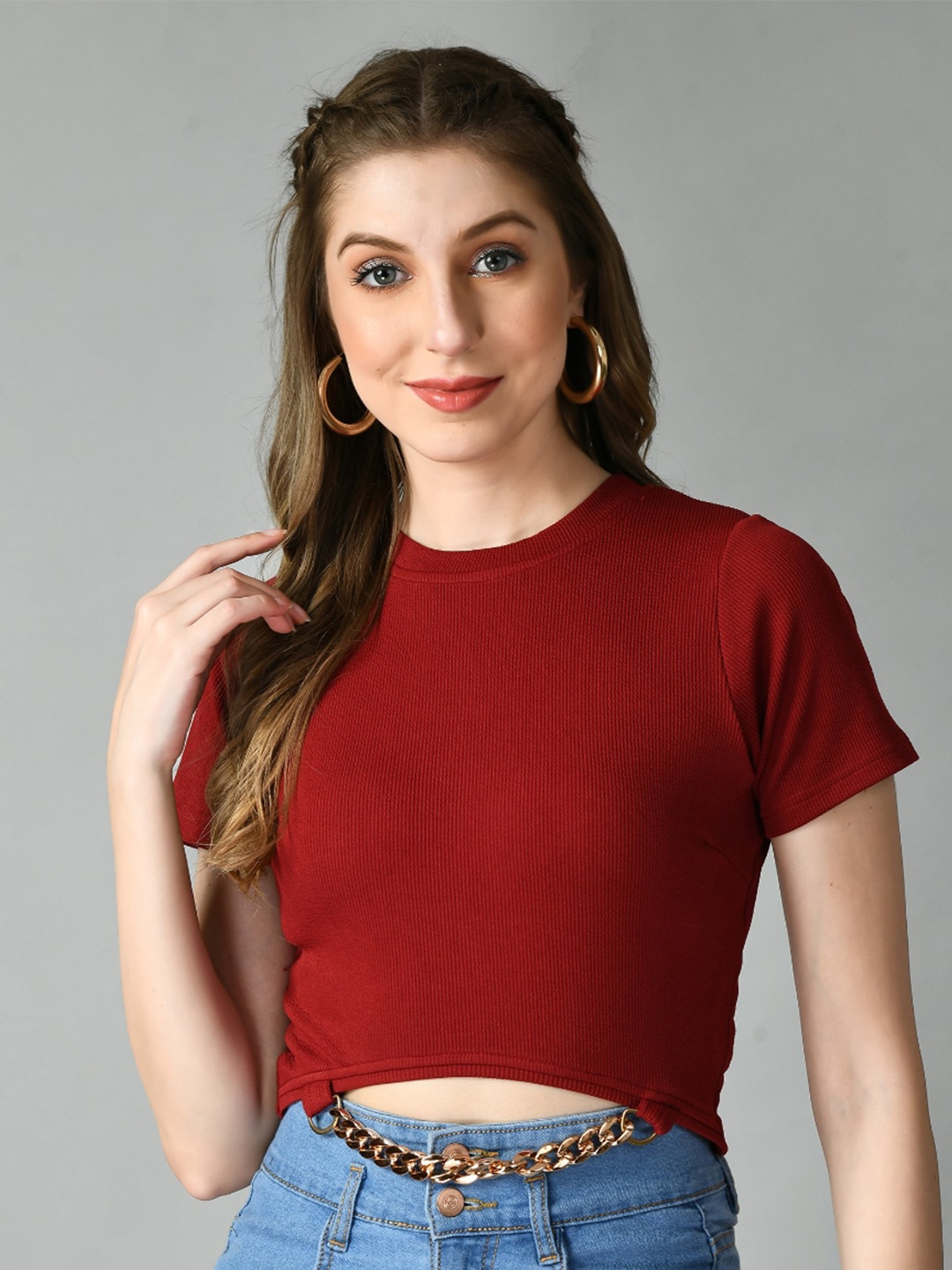 

BAESD Round Neck Fitted Crop Top, Maroon