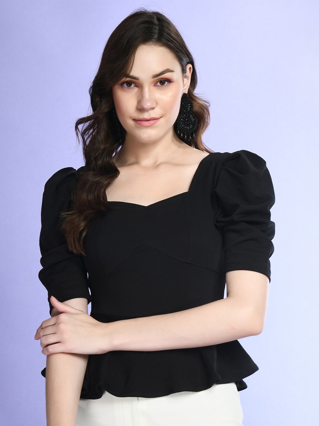 

BAESD Puff Sleeves Peplum Top, Black