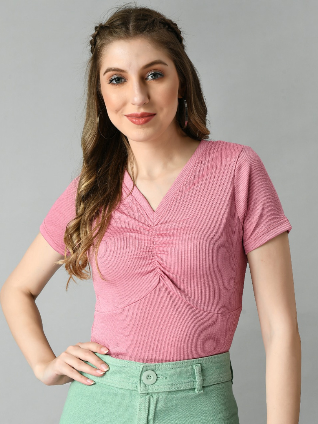 

BAESD Self Design V-Neck Riched Fitted Regular Top, Pink