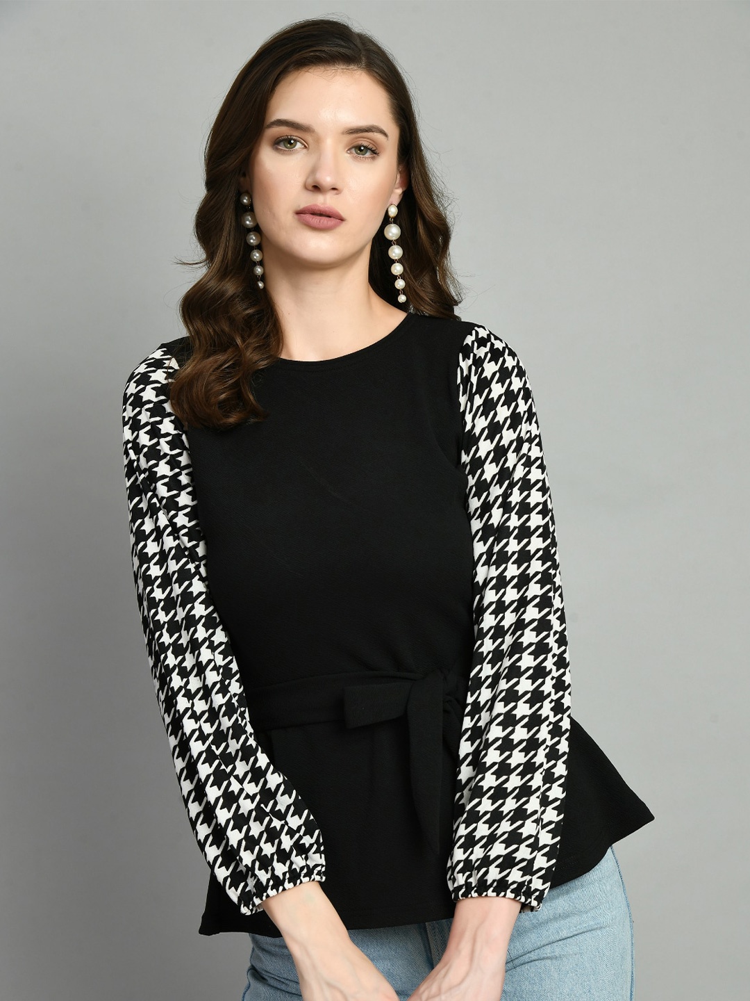 

BAESD Geometric Printed Cuffed Sleeves Peplum Top, Black