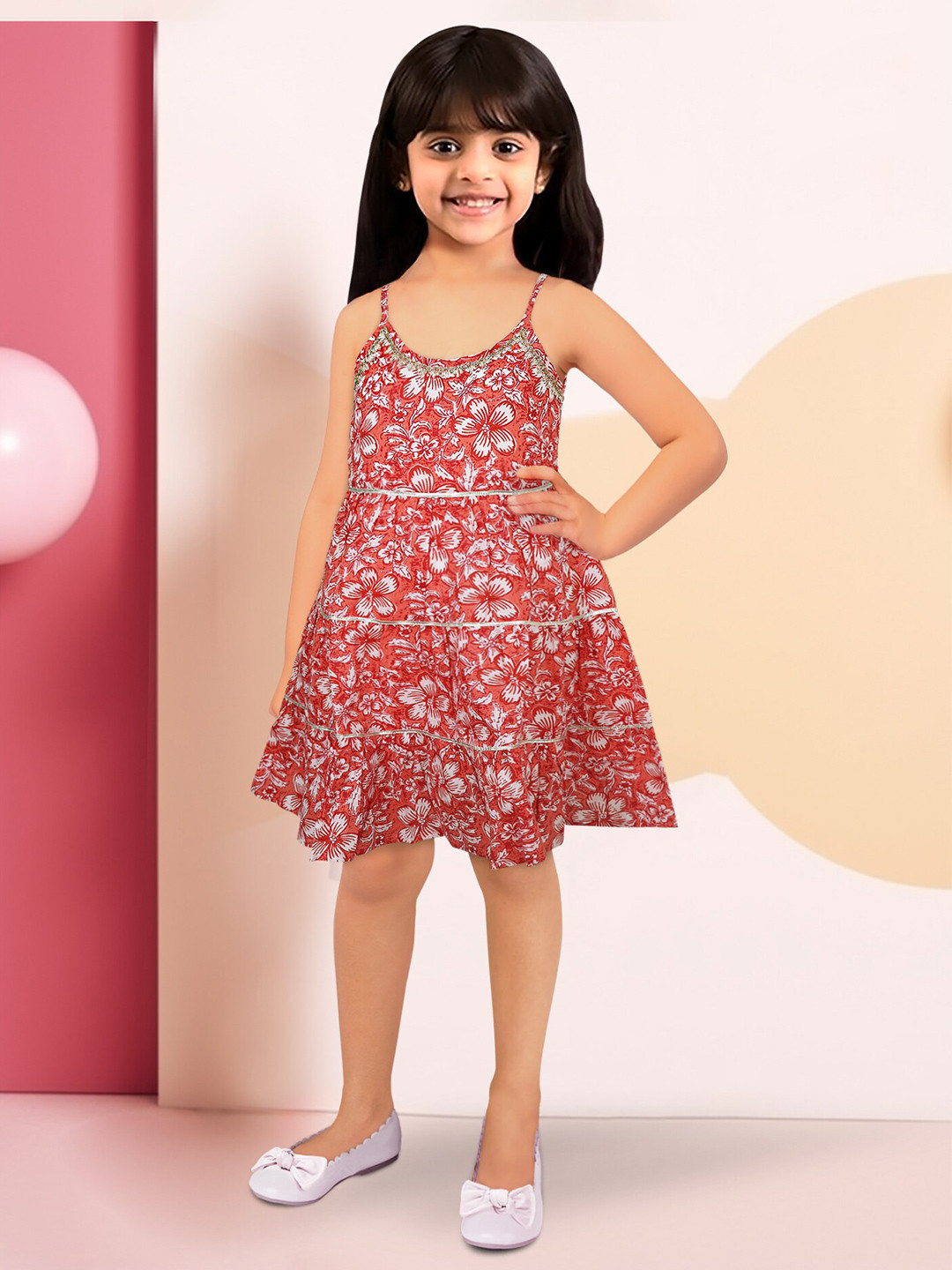 

Toonyport Girls Floral Printed Tiered Cotton Fit & Flare Dress, Red