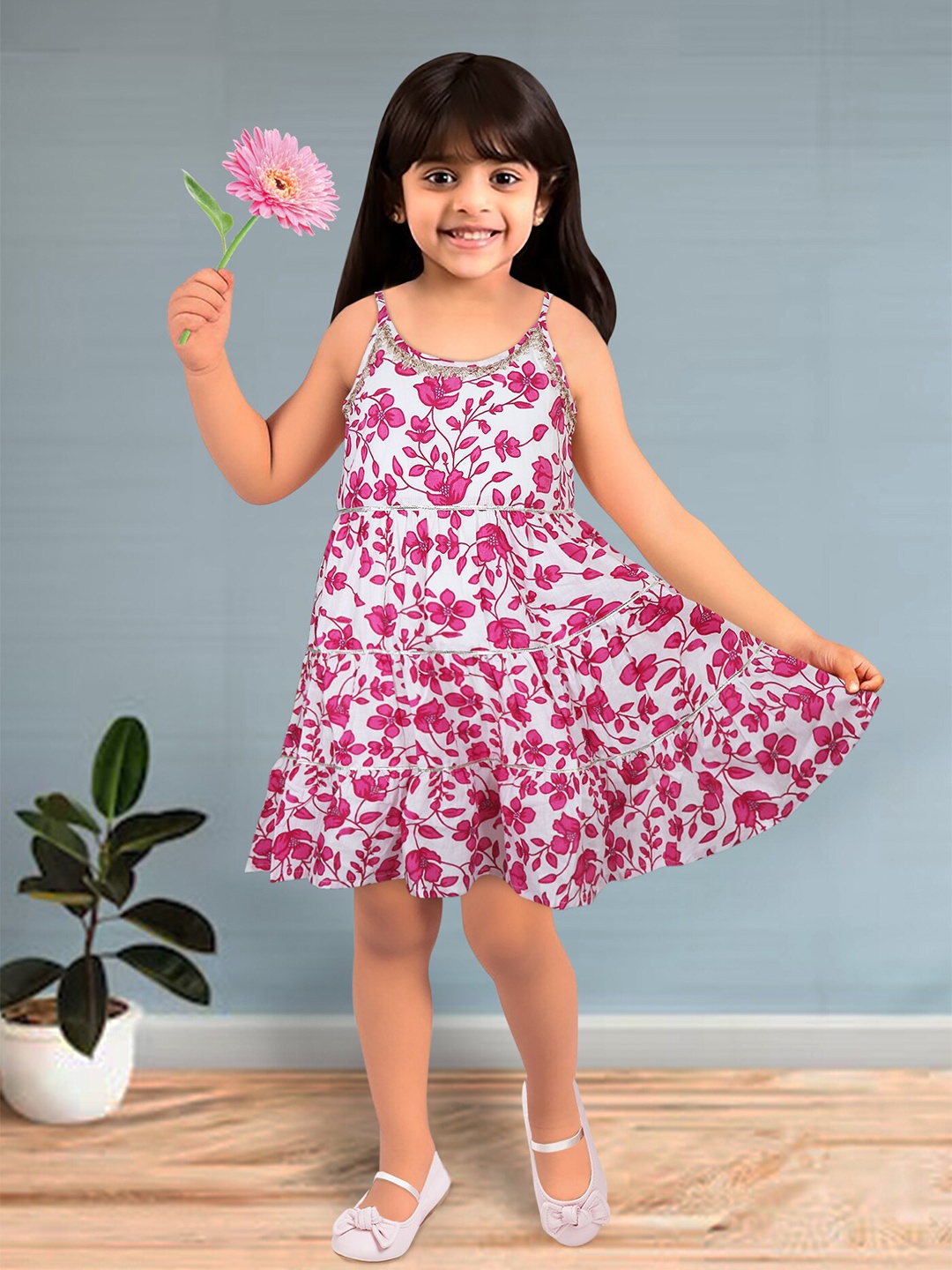 

Toonyport Girls Floral Printed Tiered Cotton A-Line Dress, Pink