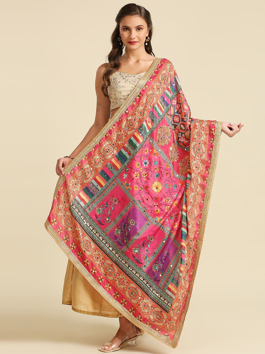 

Dupatta Bazaar Mirror Work Ethnic Motifs Printed Dupatta, Pink