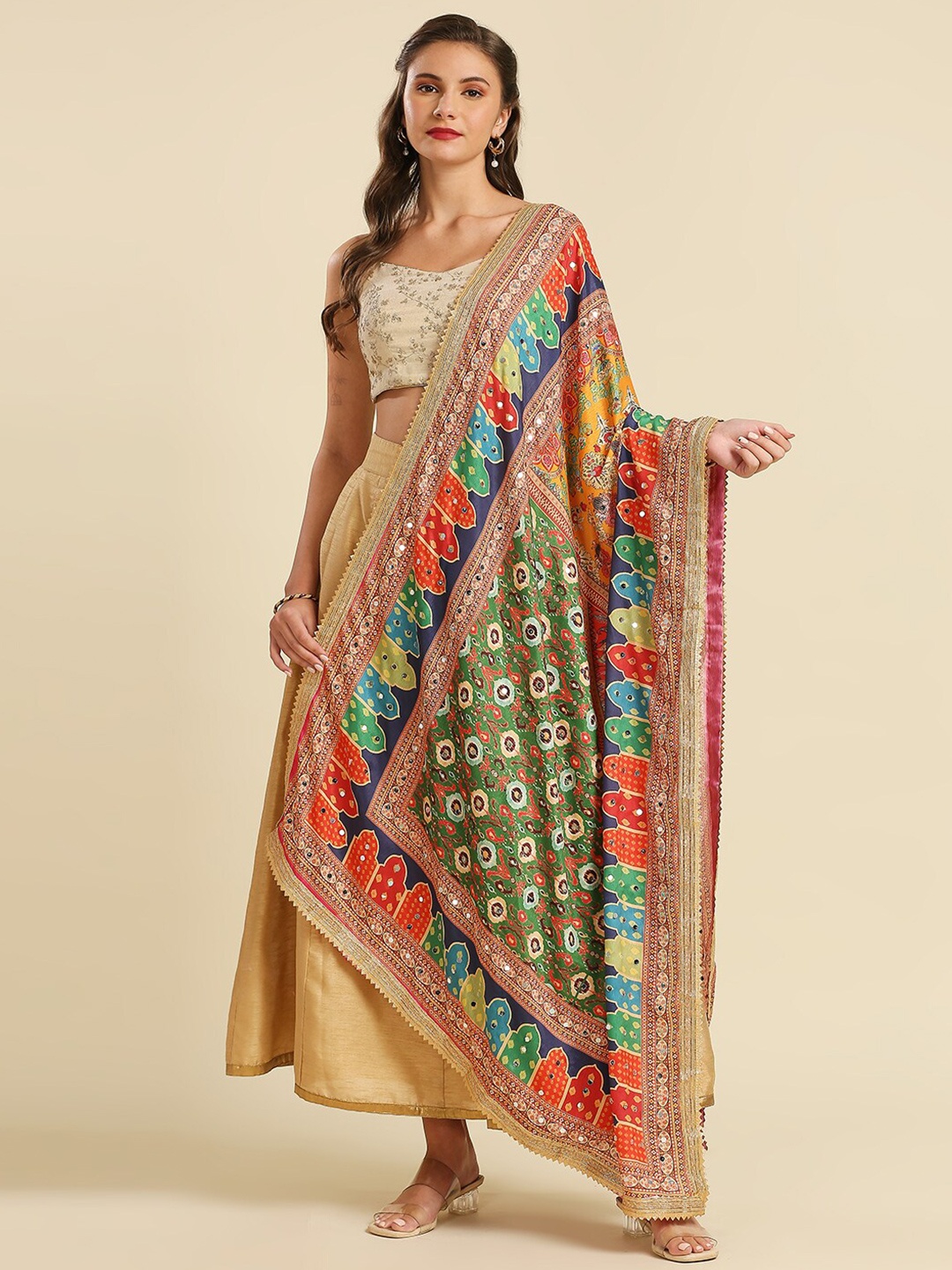 

Dupatta Bazaar Ethnic Motifs Printed Dupatta With Mirror Work, Yellow