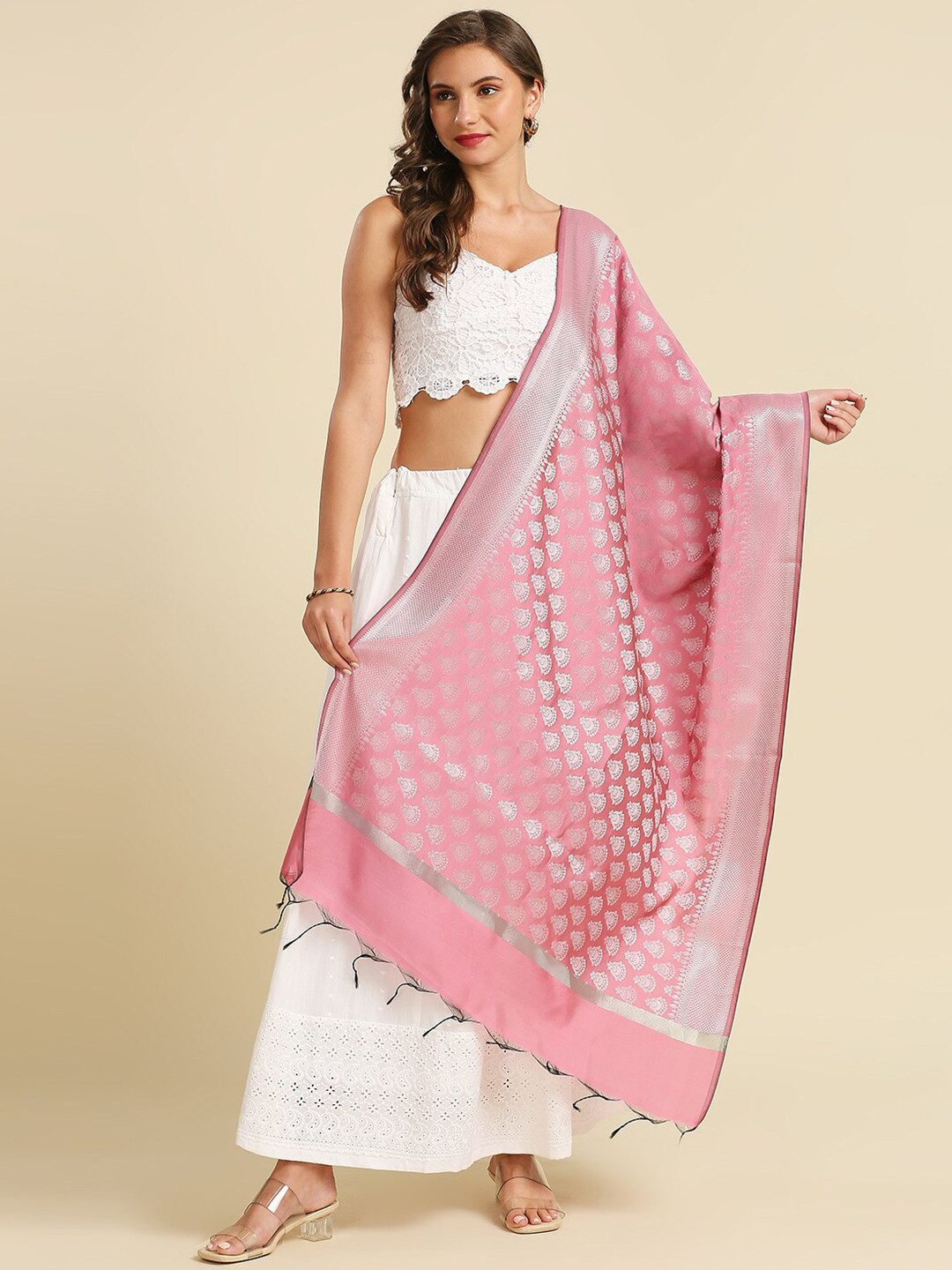 

Dupatta Bazaar Ethnic Motifs Woven Design Dupatta With Zari, Pink