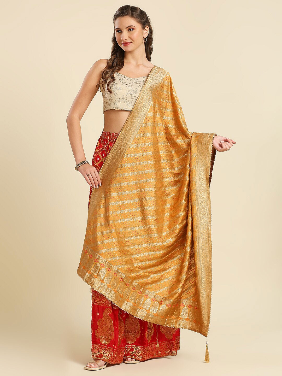 

Dupatta Bazaar Ethnic Motifs Woven Design Silk Dupatta With Zari, Gold