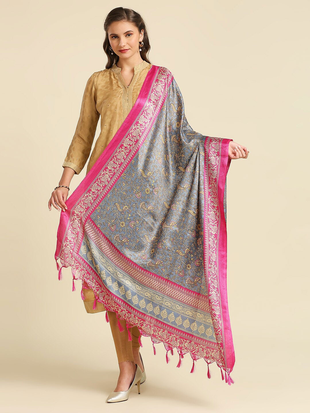 

Dupatta Bazaar Floral Printed Art Silk Dupatta, Grey