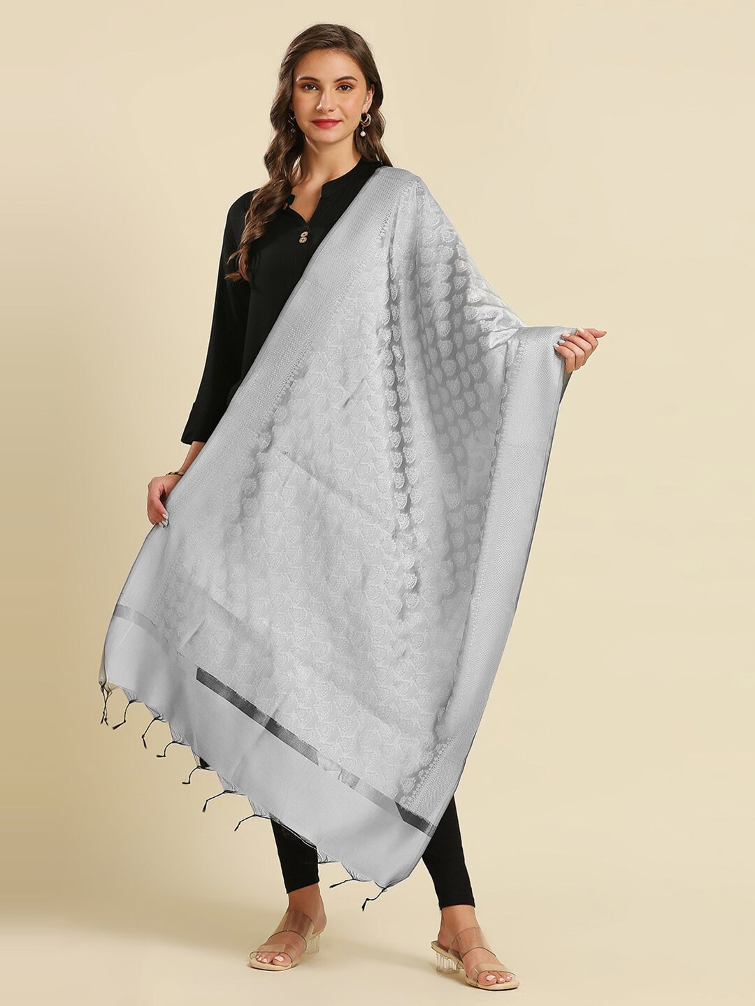 

Dupatta Bazaar Ethnic Motifs Woven Design Dupatta, Silver