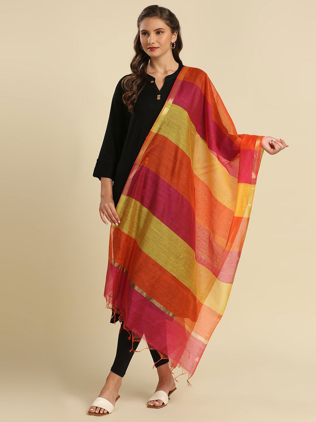 

Dupatta Bazaar Striped Zari Cotton Silk Dupatta, Yellow