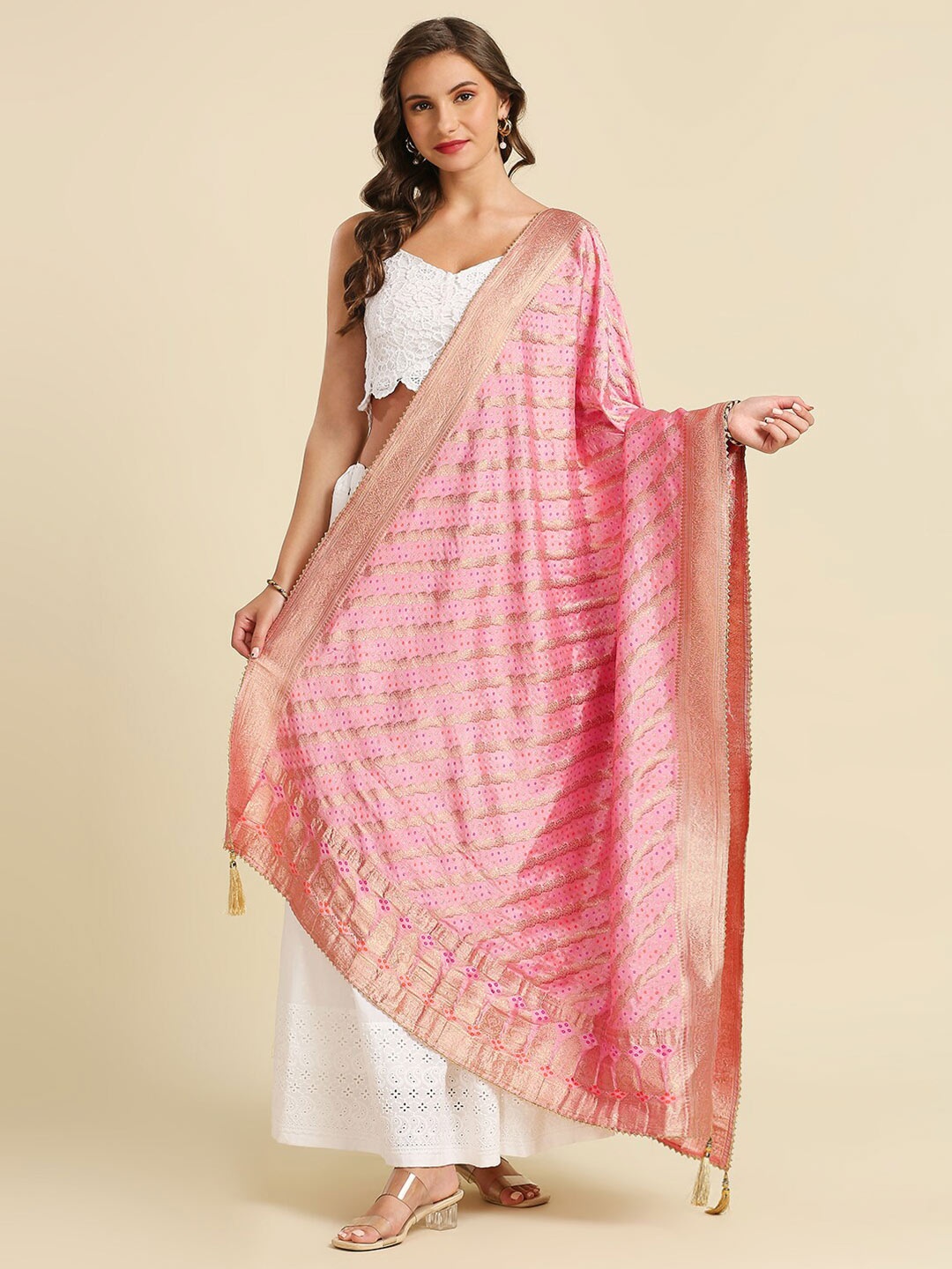 

Dupatta Bazaar Ethnic Motifs Woven Design Zari Banarasi Dola Silk Dupatta, Pink