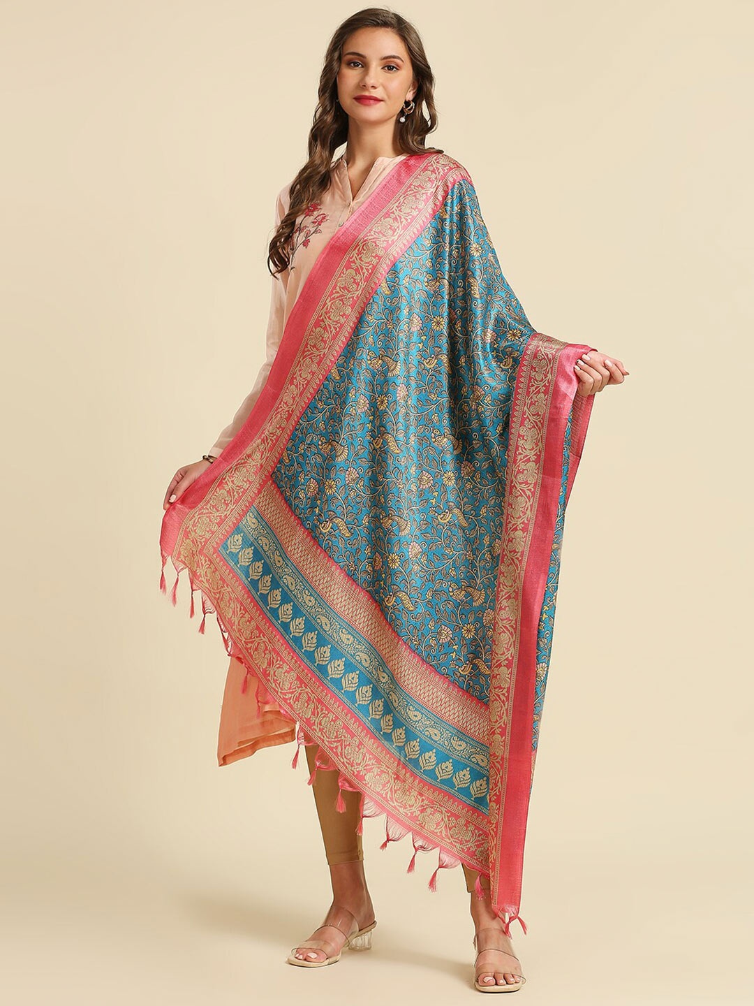 

Dupatta Bazaar Floral Printed Tasselled Dupatta, Turquoise blue