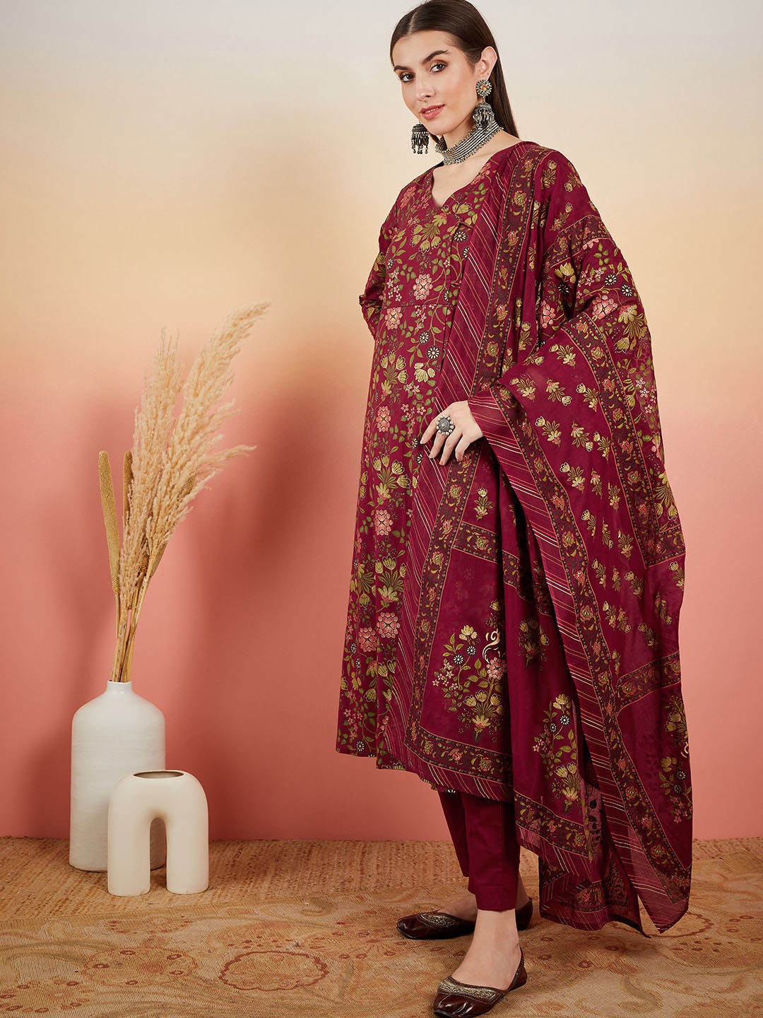 

Sangria Maroon Floral Printed Pure Cotton Angrakha Kurta With Trousers & Dupatta