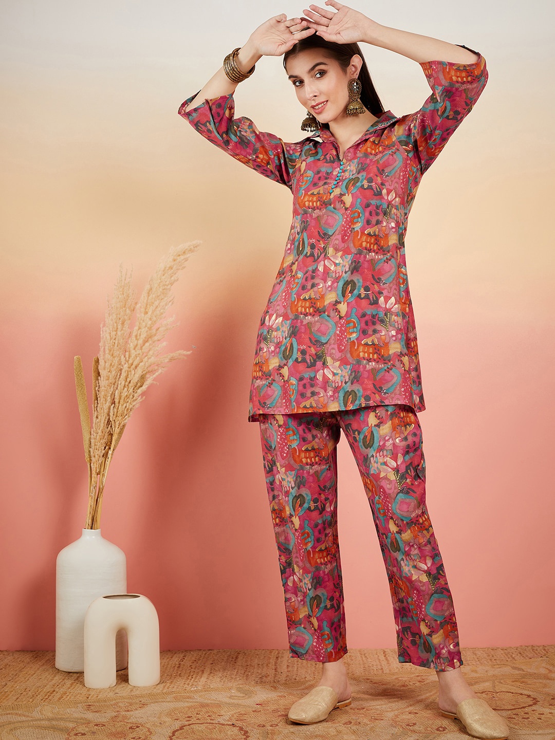 

Sangria Pink Floral Printed Shirt Collar Tunic & Trouser