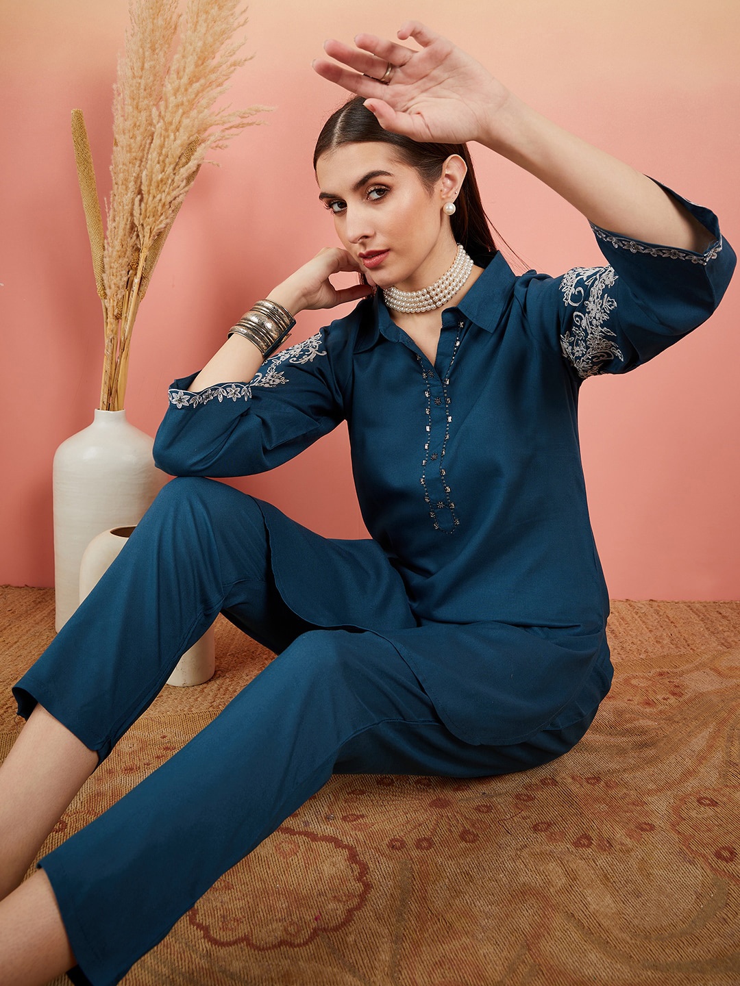 

Sangria Teal Blue Ethnic Motifs Beads & Stones Embroidered Pathani Kurti With Trouser