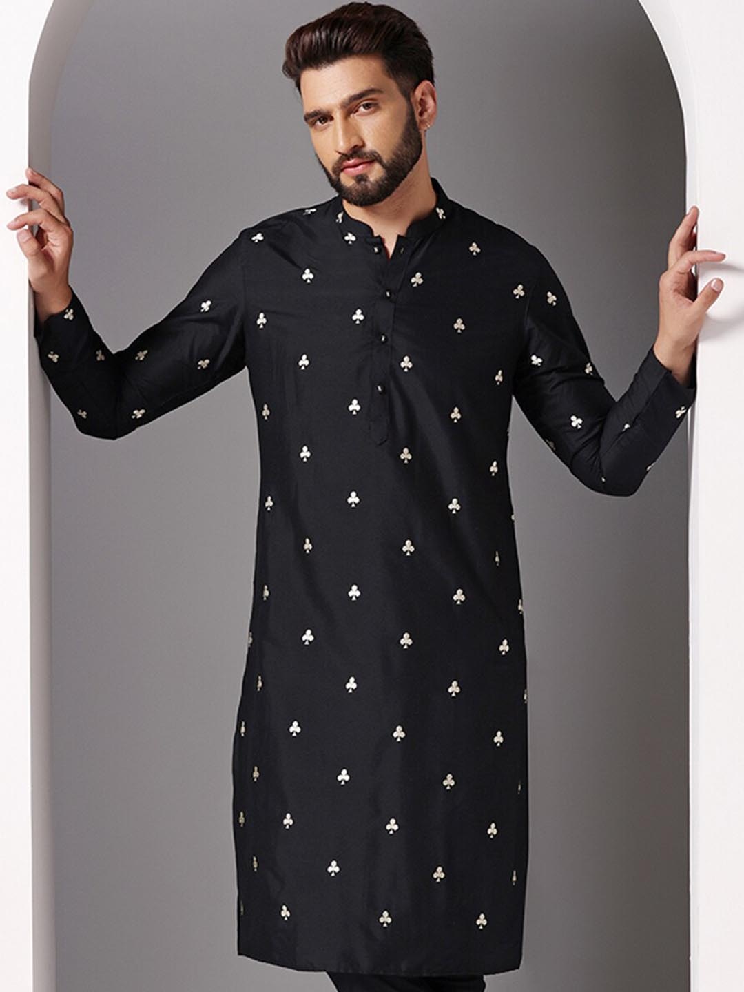 

KISAH Men Embroidered Regular Fit Abstract Print Kurta, Black