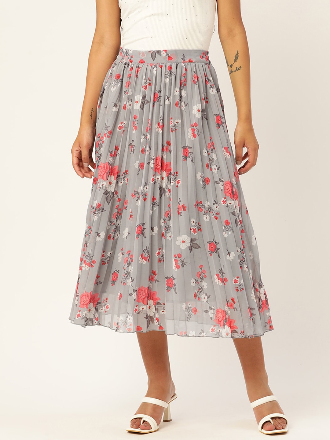 

Slenor Floral Printed Pleated Midi Skirt, Grey