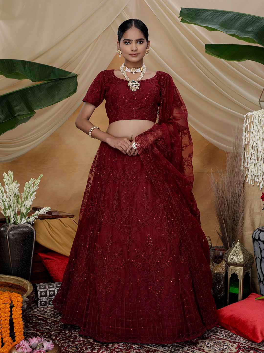 

SHUBHKALA Ethnic Embroidered Beads Semi-Stitched Lehenga & Unstitched Blouse With Dupatta, Maroon
