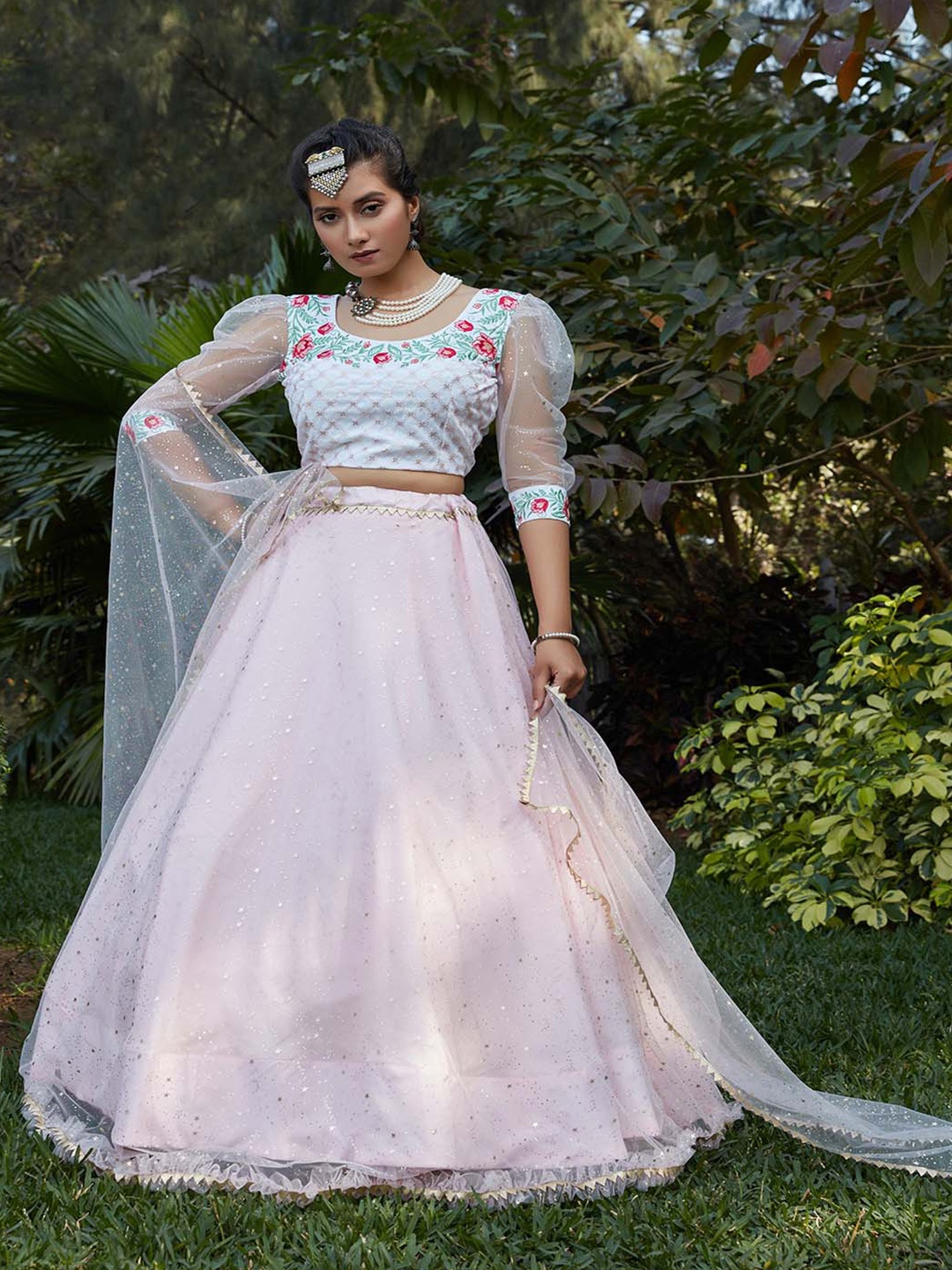 

SHUBHKALA Embellished Sequinned Net Semi-Stitched Lehenga & Unstitched Blouse With Dupatta, Pink