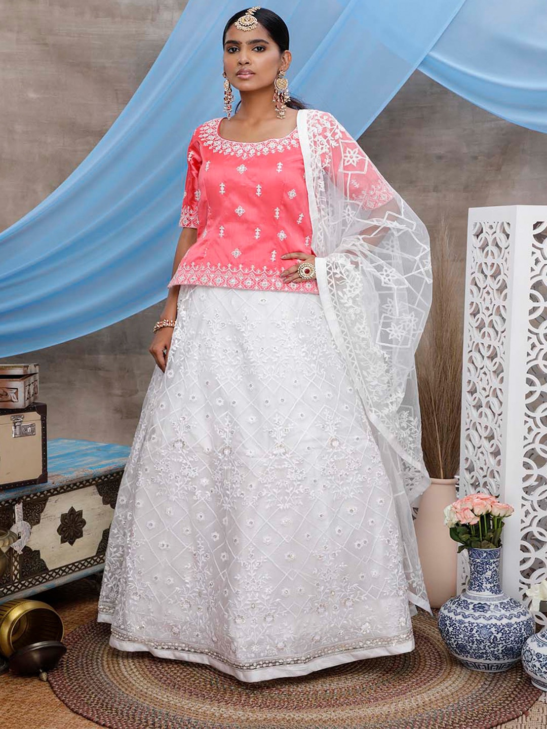 

SHUBHKALA Embroidered Semi-Stitched Lehenga & Unstitched Blouse With Dupatta, White
