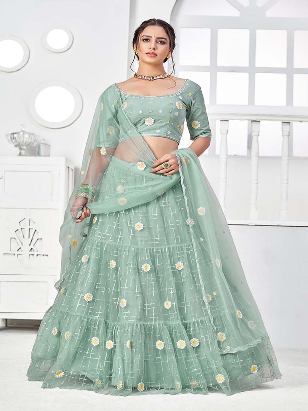 

SHUBHKALA Embroidered Semi-Stitched Lehenga & Unstitched Blouse With Dupatta, Green