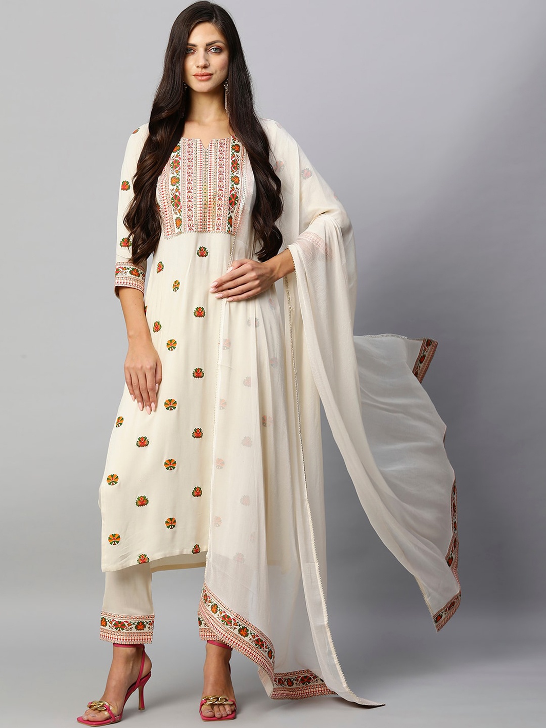 

KALINI Ethnic Motifs Printed Kurta With Trousers & Dupatta, Cream