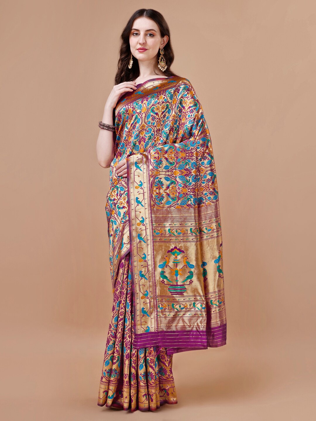 

MAGMINA Woven Design Zari Silk Blend Banarasi Saree, Purple