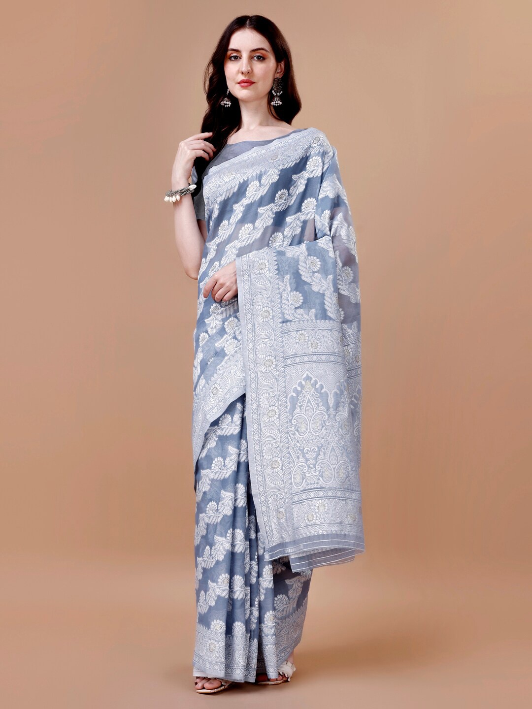 

MAGMINA Floral Woven Design Zari Banarasi Saree, Grey