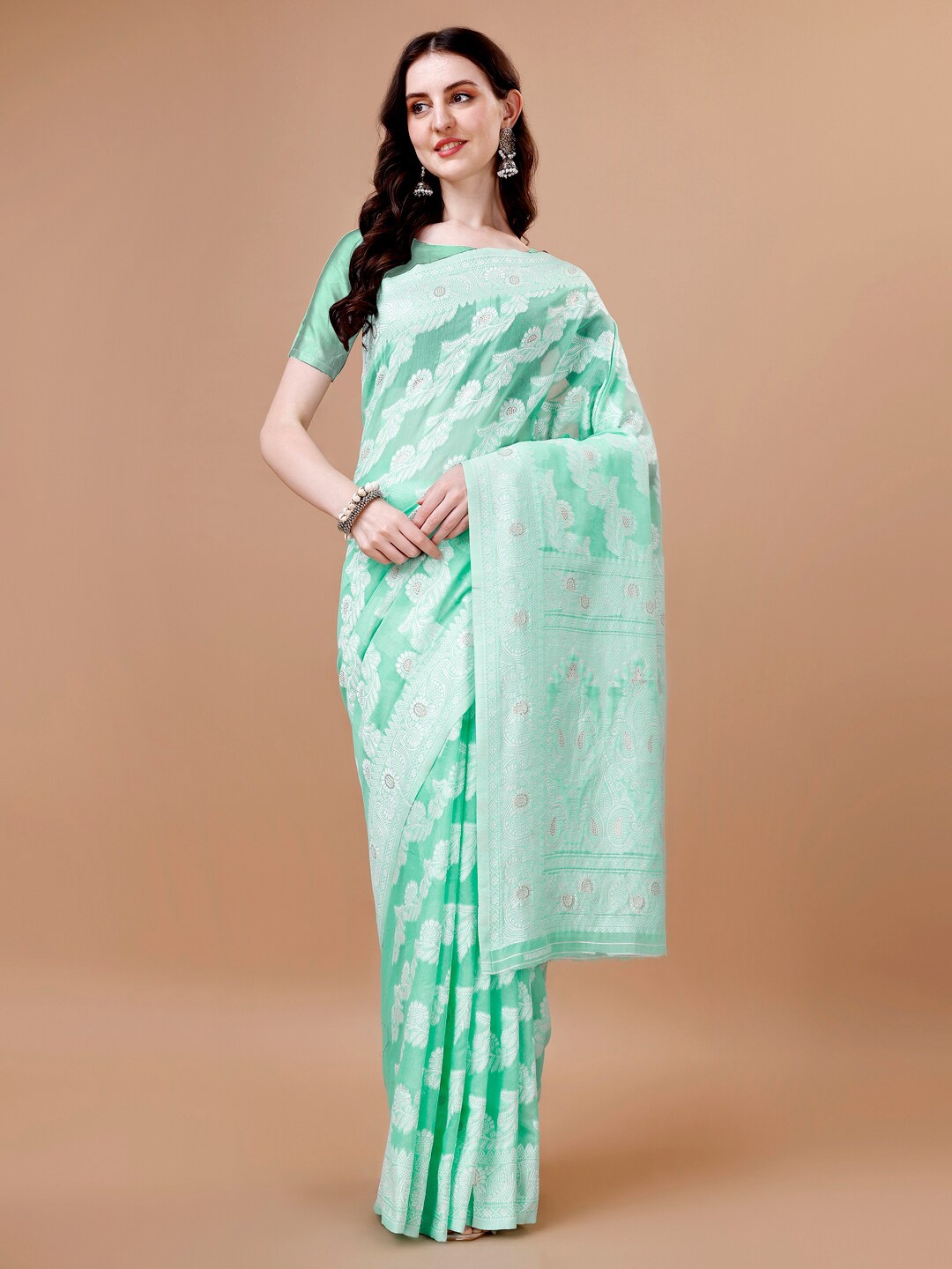 

MAGMINA Floral Woven Design Zari Banarasi Saree, Teal