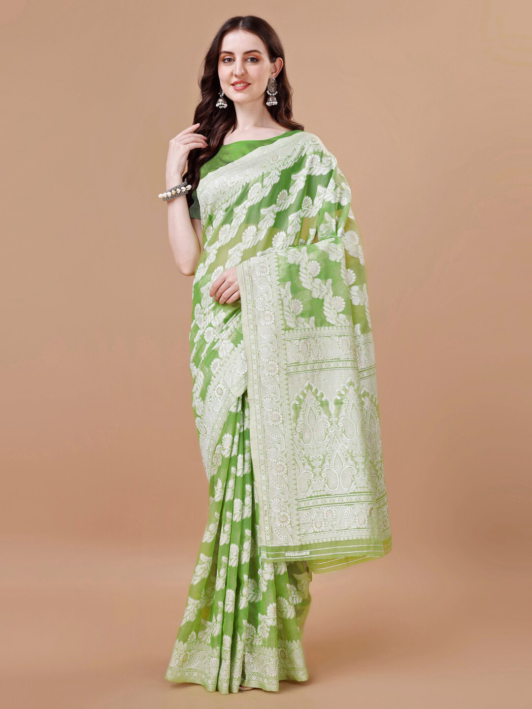 

MAGMINA Floral Woven Design Zari Banarasi Saree, Olive