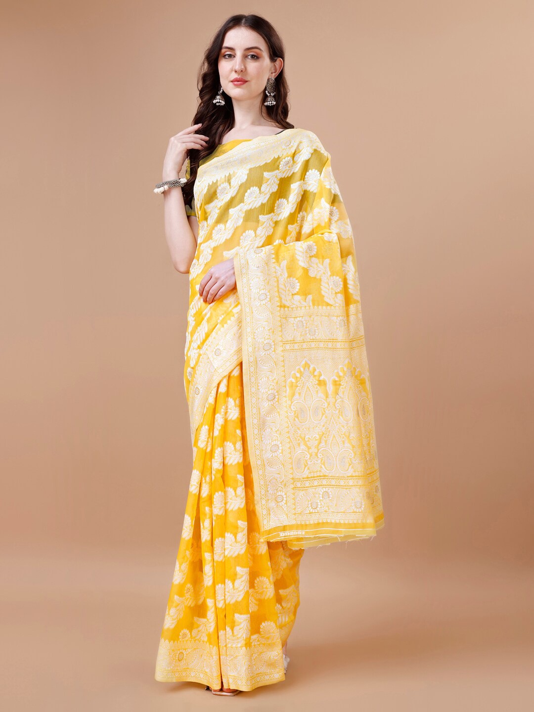 

MAGMINA Ethnic Motifs Woven Design Zari Art Silk Banarasi Saree, Yellow