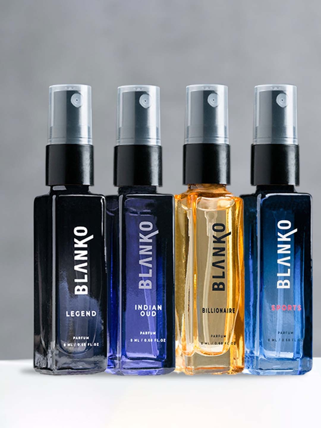 

BLANKO Men Set of 4 Long Lasting Parfum 8 ml each - Billionaire+Legend+Sports+Indian Oud, Blue