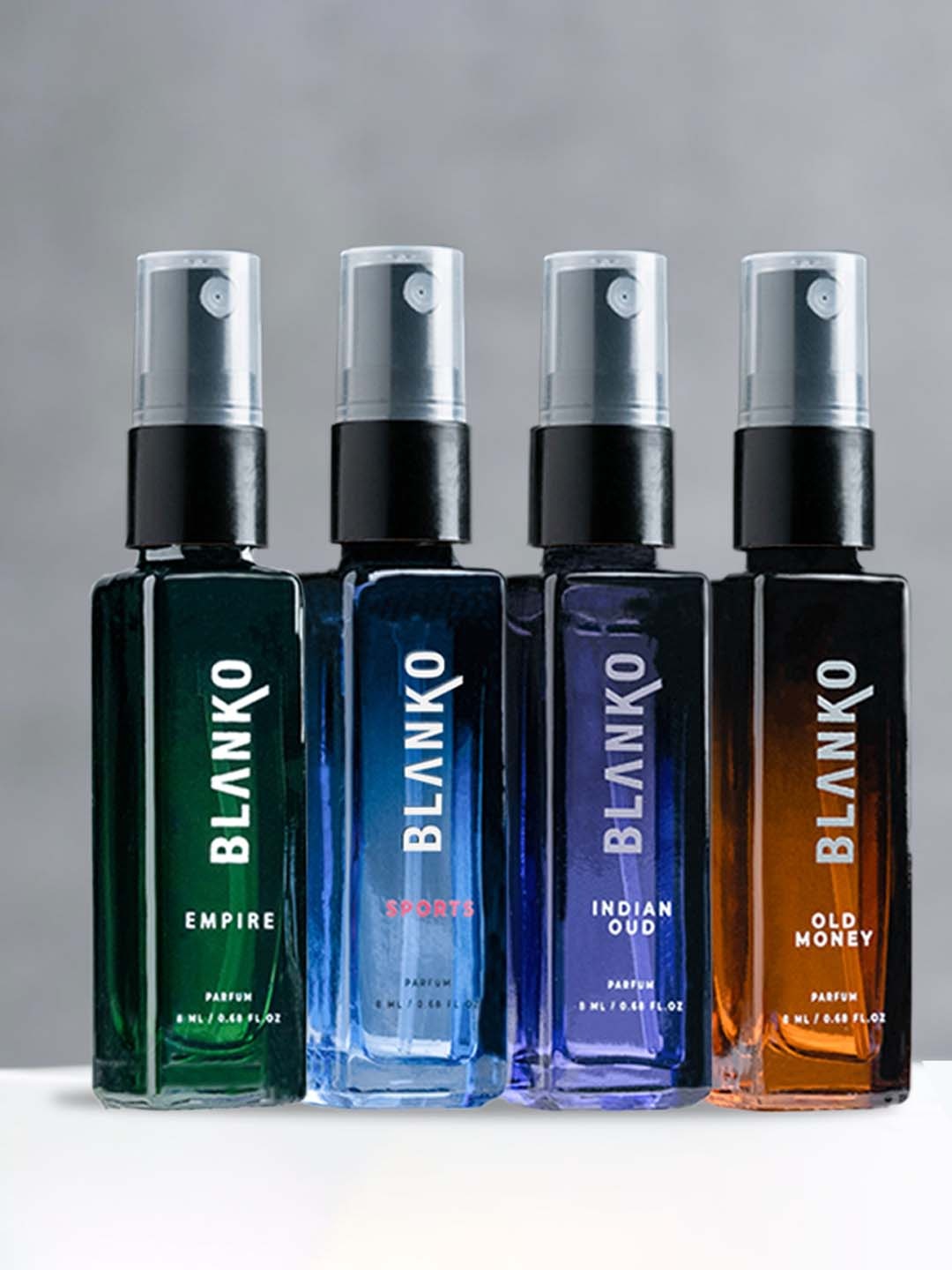 

BLANKO Men Set of 4 Long Lasting Parfum 8 ml each - Sports+Old Money+Empire+Indian Oud, Green