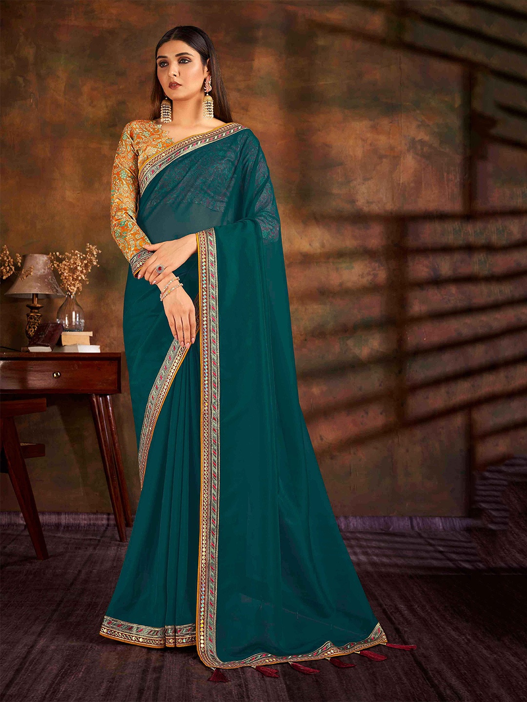 

HASRI Embroidered Organza Saree, Green
