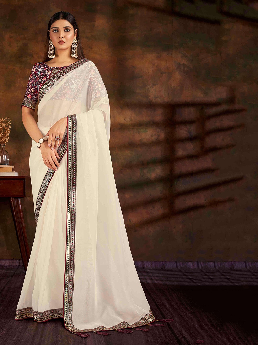 

HASRI Embroidered Organza Saree, White