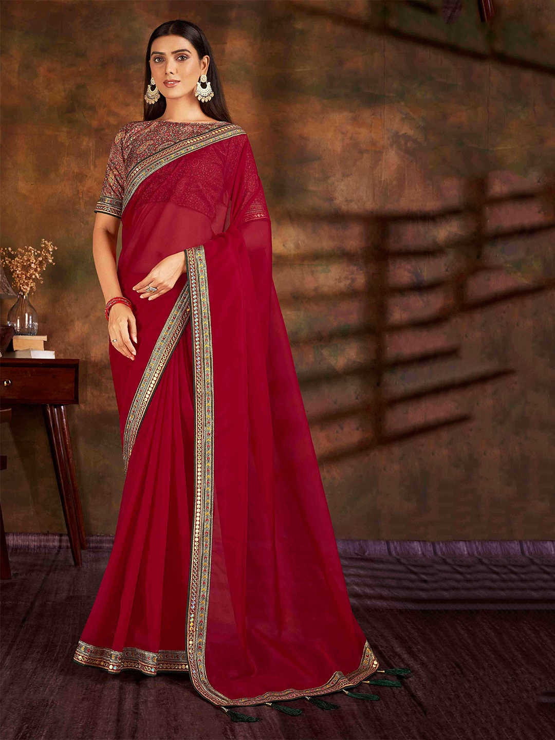 

HASRI Embroidered Organza Saree, Red