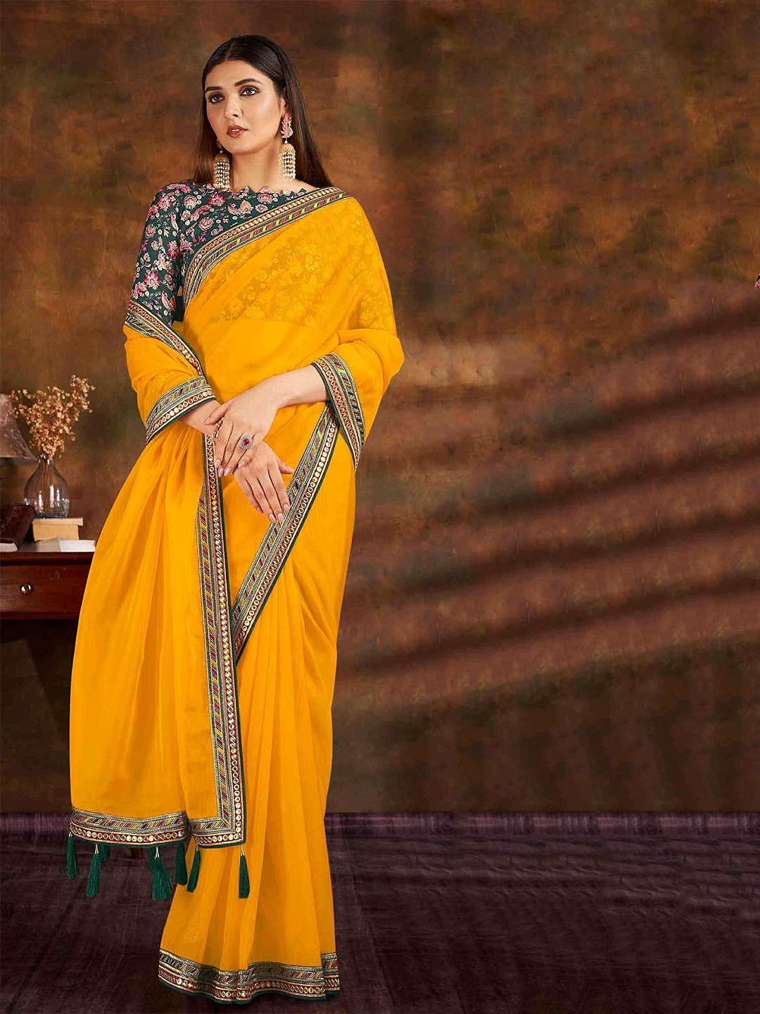 

HASRI Embroidered Organza Saree, Yellow