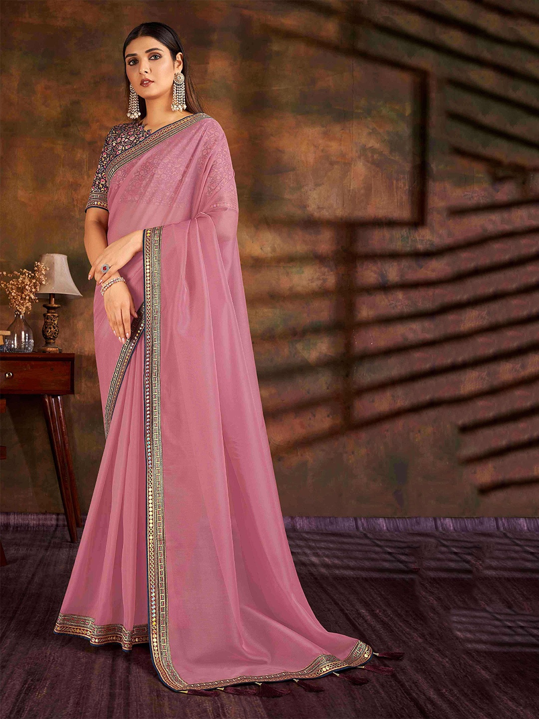 

HASRI Embroidered Organza Saree, Pink