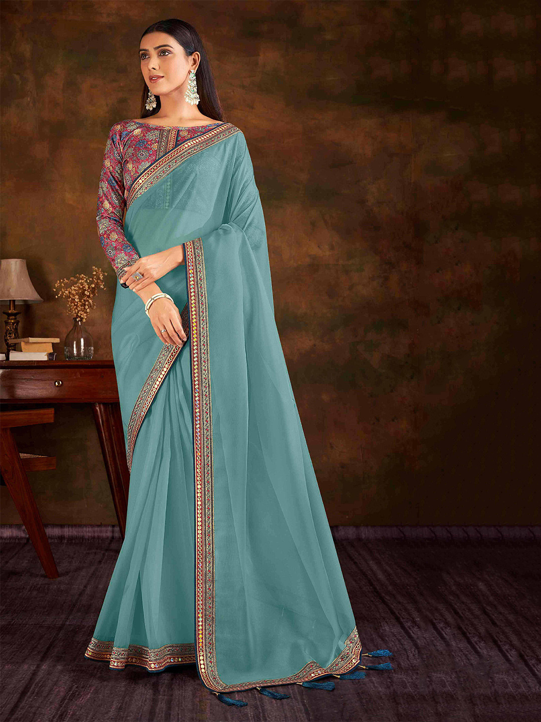

HASRI Embroidered Organza Saree, Blue