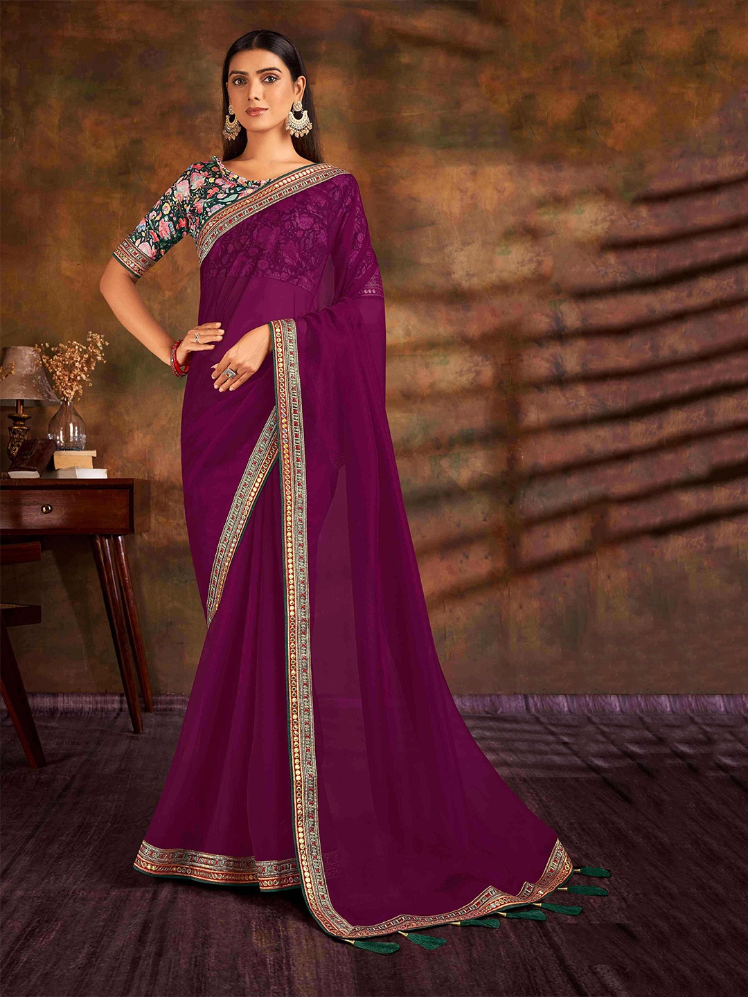 

HASRI Embroidered Organza Saree, Magenta