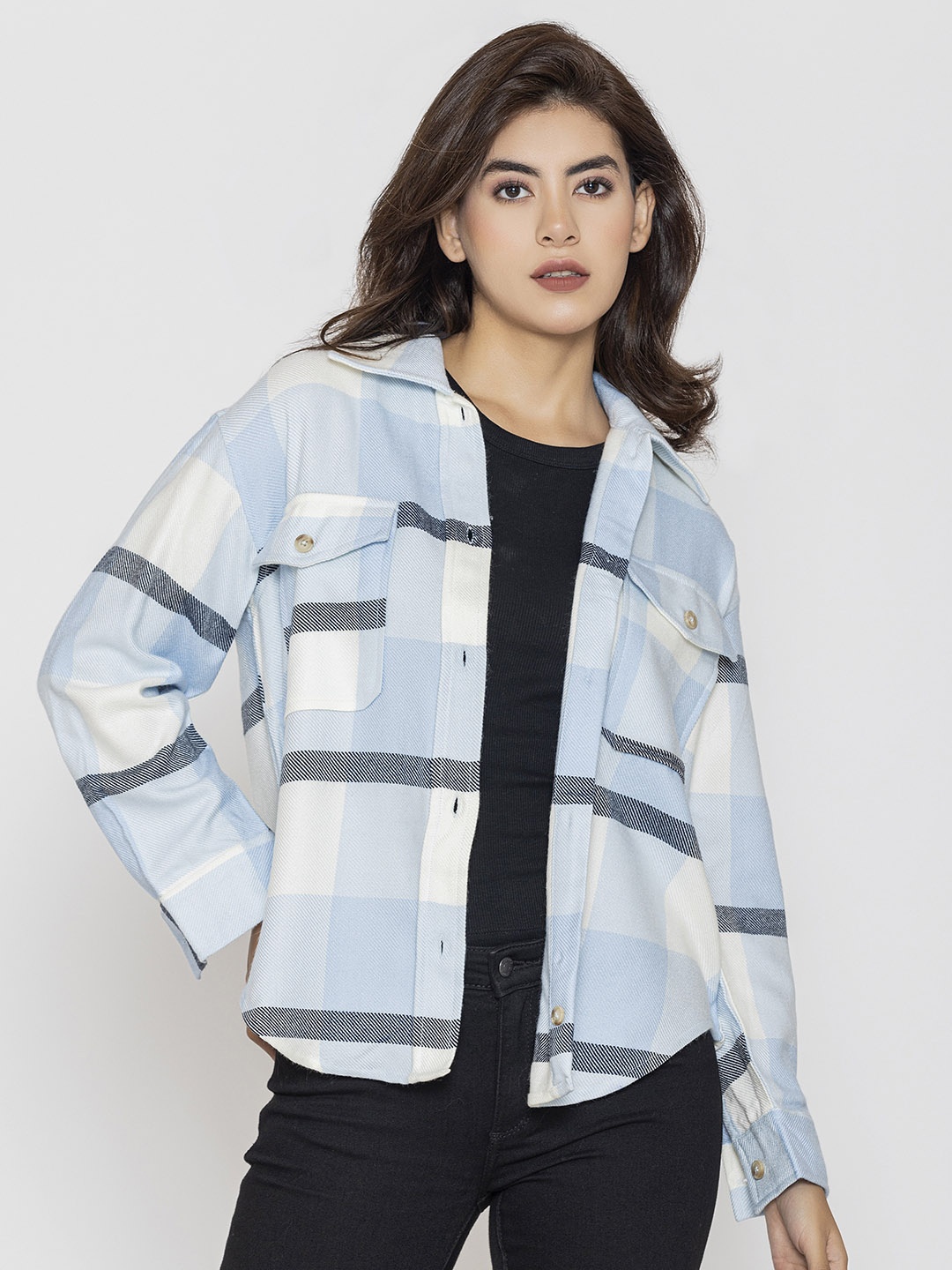 

Lounge Dreams Woolen Checked Relaxed Casual Shacket, Blue