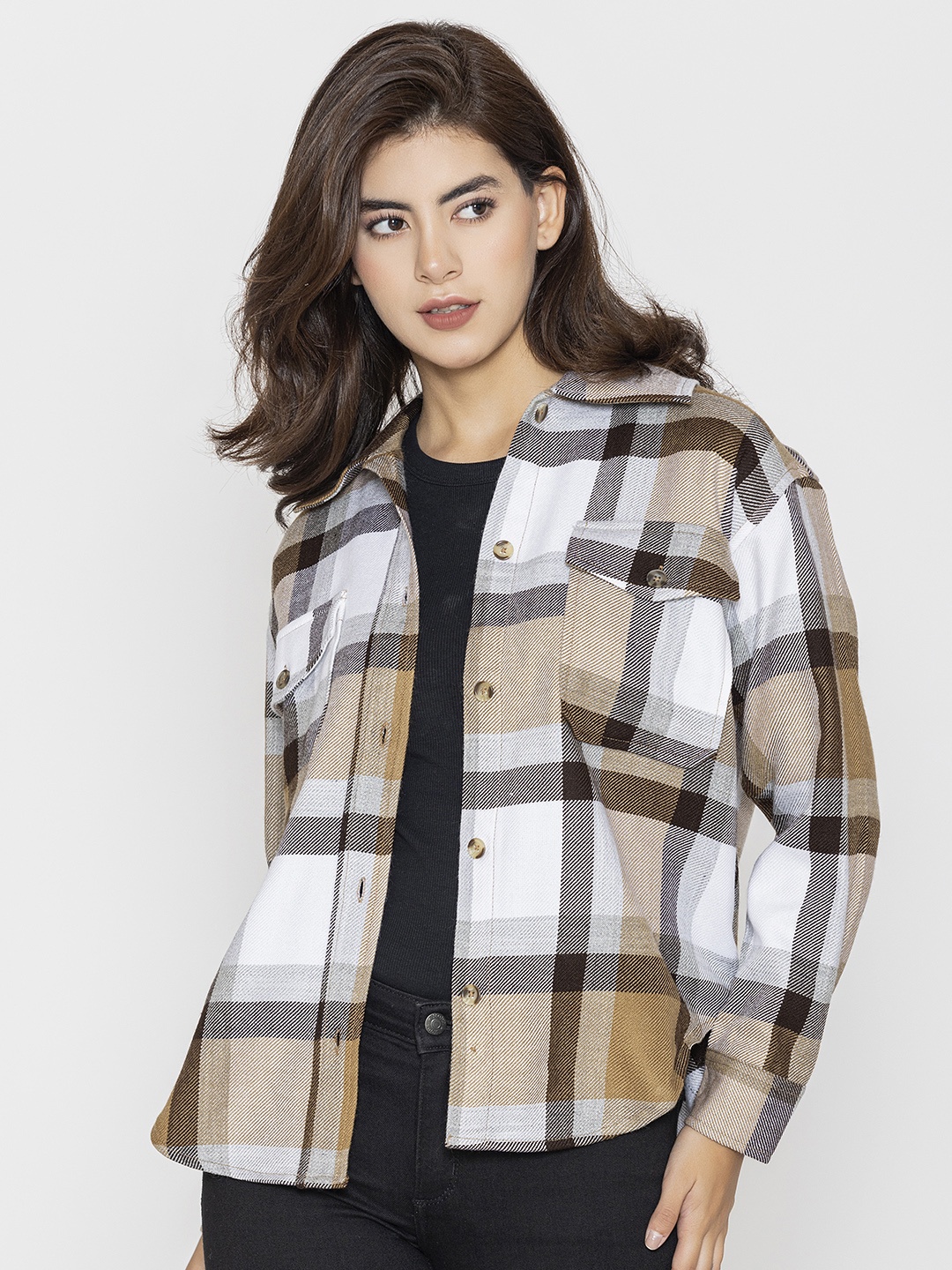 

Lounge Dreams Woolen Checked Relaxed Casual Shacket, Coffee brown