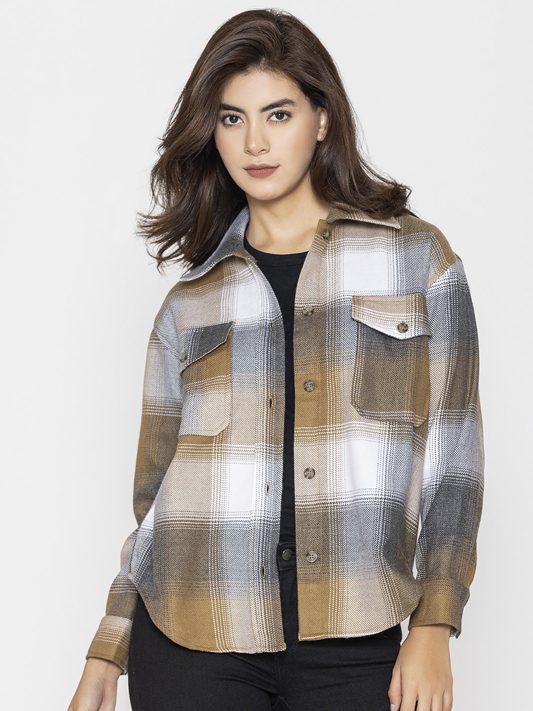 

Lounge Dreams Woolen Checked Relaxed Casual Shacket, Brown