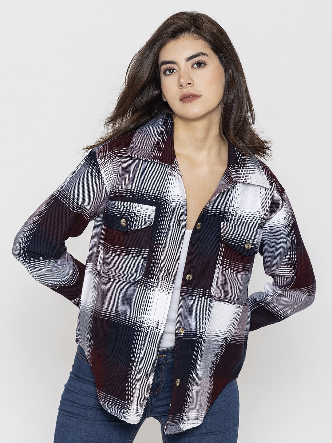 

Lounge Dreams Woolen Checked Relaxed Casual Shacket, Burgundy