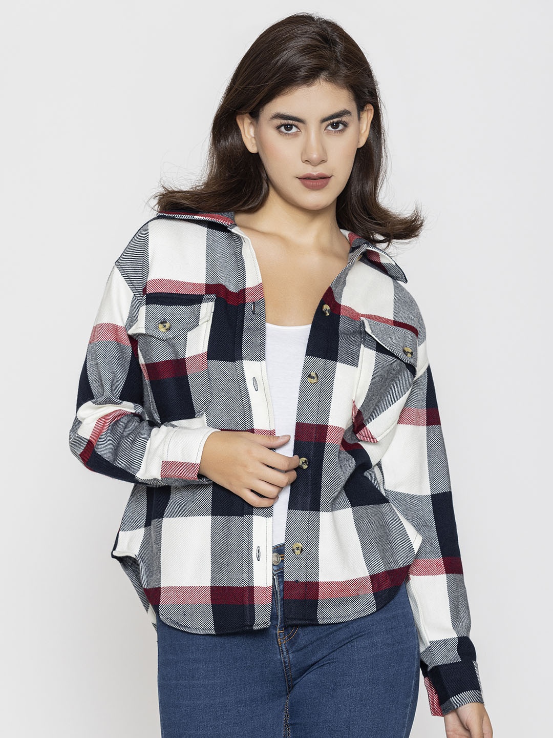 

Lounge Dreams Woolen Checked Relaxed Casual Shacket, Navy blue